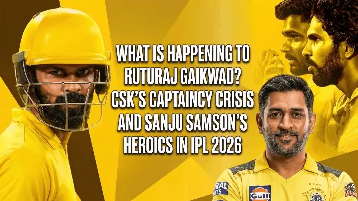 Feature image banner for a sports article about IPL 2026, comparing current CSK captain Ruturaj Gaikwad's form against former captain MS Dhoni. The image shows a composite of Ruturaj Gaikwad in a helmet (left), MS Dhoni smiling (right), with the background profiles of Sanju Samson. Bold white text asks 'What is happening to Ruturaj Gaikwad? CSK’s captaincy crisis and Sanju Samson’s heroics in IPL 2026'. The background has a geometric yellow and black design