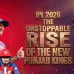A dynamic featured image titled "IPL 2026 THE UNSTOPPABLE RISE OF THE NEW PUNJAB KINGS" in gold, featuring four cricket figures: a smiling coach giving a thumbs up, two young players in red, and a determined star batsman, possibly Shreyas Iyer, in a blue jersey with Jio and TATA IPL logos, against a red and purple gradient background with particle effects.