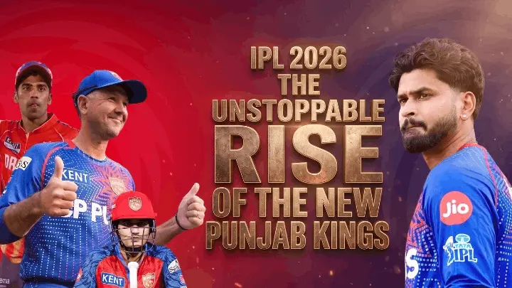 A dynamic featured image titled "IPL 2026 THE UNSTOPPABLE RISE OF THE NEW PUNJAB KINGS" in gold, featuring four cricket figures: a smiling coach giving a thumbs up, two young players in red, and a determined star batsman, possibly Shreyas Iyer, in a blue jersey with Jio and TATA IPL logos, against a red and purple gradient background with particle effects.