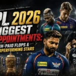 Cinematic IPL 2026 thumbnail showing disappointed cricket players with bold title “IPL 2026 Biggest Disappointments: High-Paid Flops & Underperforming Stars” and IPL trophy in a dramatic stadium background.