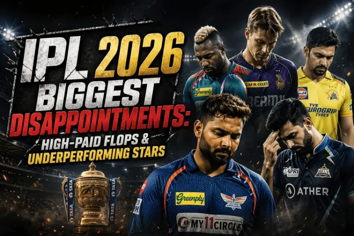 Cinematic IPL 2026 thumbnail showing disappointed cricket players with bold title “IPL 2026 Biggest Disappointments: High-Paid Flops & Underperforming Stars” and IPL trophy in a dramatic stadium background.
