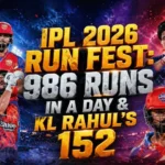IPL 2026 run fest graphic showing 986 runs in a day and KL Rahul 152