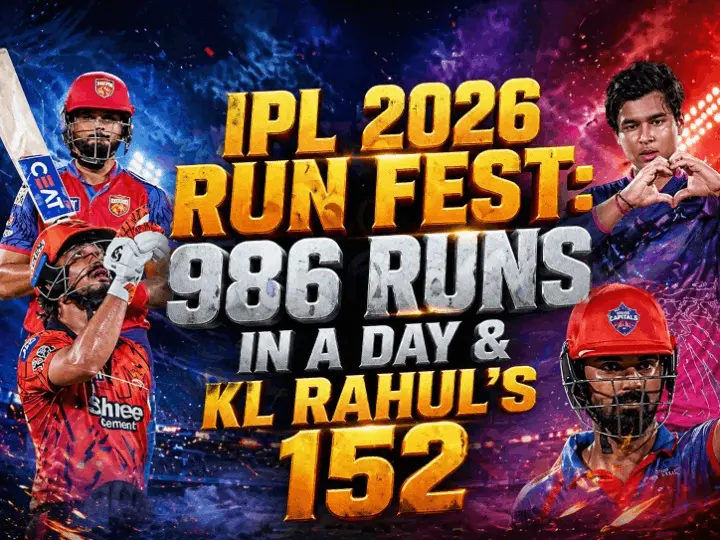 IPL 2026 run fest graphic showing 986 runs in a day and KL Rahul 152