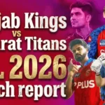 A sports news graphic for the IPL 2026 cricket match between Punjab Kings and Gujarat Titans. The image features cricketers Cooper Connolly in a batting stance and a pointing pose, alongside portraits of Shubman Gill and another player.