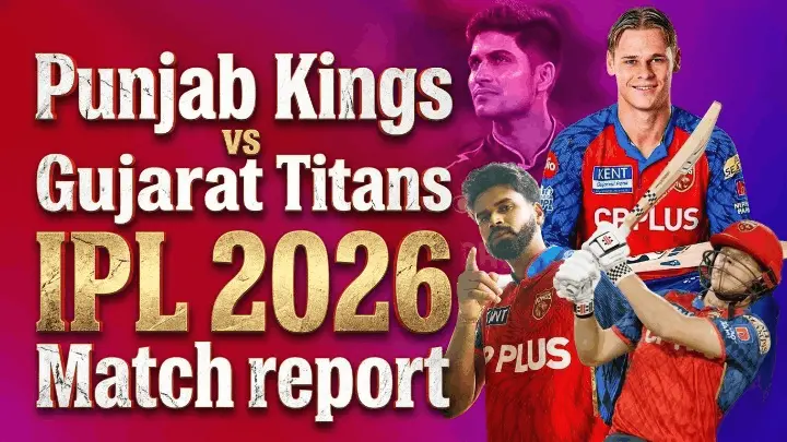 A sports news graphic for the IPL 2026 cricket match between Punjab Kings and Gujarat Titans. The image features cricketers Cooper Connolly in a batting stance and a pointing pose, alongside portraits of Shubman Gill and another player.
