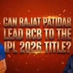 A dynamic cricket graphic on a fiery red background featuring Virat Kohli in a helmet on the left and Rajat Patidar on the right. Large gold text in the center asks, "CAN RAJAT PATIDAR LEAD RCB TO THE IPL 2026 TITLE?"