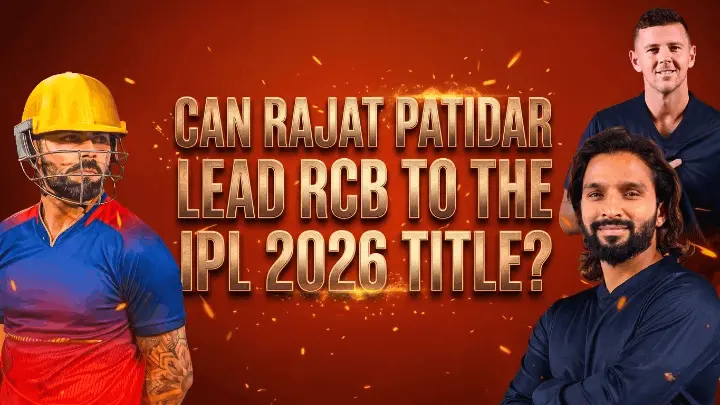 A dynamic cricket graphic on a fiery red background featuring Virat Kohli in a helmet on the left and Rajat Patidar on the right. Large gold text in the center asks, "CAN RAJAT PATIDAR LEAD RCB TO THE IPL 2026 TITLE?"