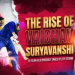 Vaibhav Suryavanshi IPL graphic showing young cricket prodigy batting with bold title “The Rise of Vaibhav Suryavanshi” and dynamic lightning background