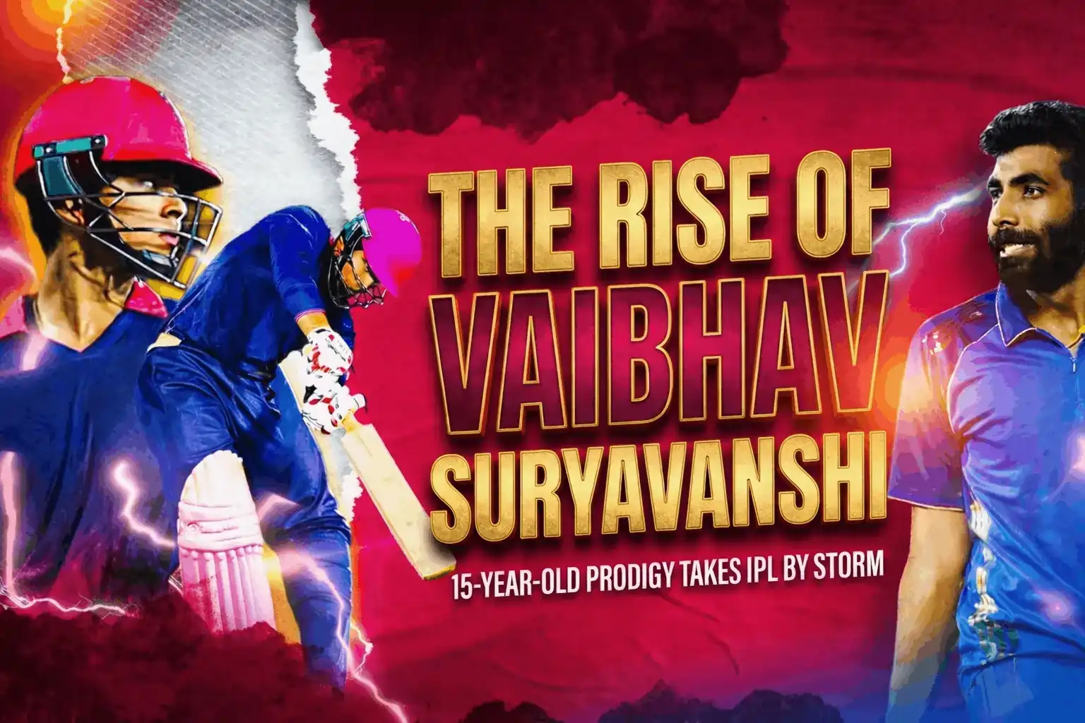 Vaibhav Suryavanshi IPL graphic showing young cricket prodigy batting with bold title “The Rise of Vaibhav Suryavanshi” and dynamic lightning background