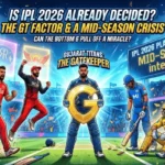 IPL 2026 playoff race illustration featuring Punjab Kings and RCB players celebrating, while MI and CSK players appear defeated, with a Gujarat Titans "Gatekeeper" figure in the center.