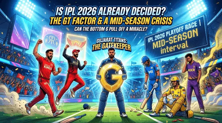 IPL 2026 playoff race illustration featuring Punjab Kings and RCB players celebrating, while MI and CSK players appear defeated, with a Gujarat Titans "Gatekeeper" figure in the center.