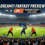 GT vs SRH IPL 2026 match at Narendra Modi Stadium Ahmedabad with players in Gujarat Titans blue and Sunrisers Hyderabad orange jerseys under stadium lights, digital illustration.