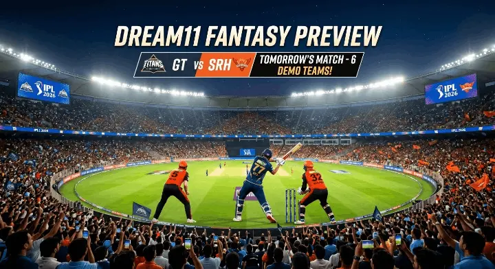 GT vs SRH IPL 2026 match at Narendra Modi Stadium Ahmedabad with players in Gujarat Titans blue and Sunrisers Hyderabad orange jerseys under stadium lights, digital illustration.