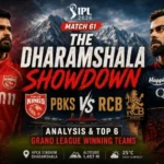 Cinematic IPL 2026 match poster featuring Punjab Kings and Royal Challengers Bengaluru players facing off against a dramatic Himalayan mountain backdrop at Dharamshala, with bold text highlighting “The Dharamshala Showdown” and analysis of top Grand League fantasy teams.