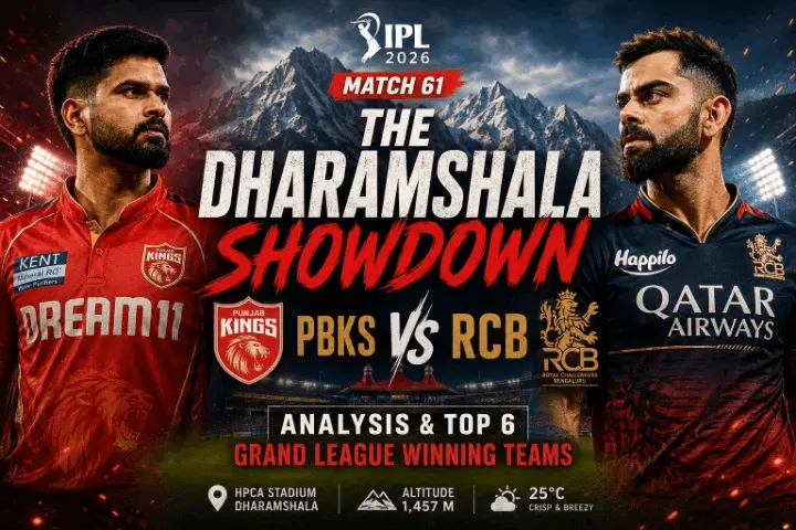 Cinematic IPL 2026 match poster featuring Punjab Kings and Royal Challengers Bengaluru players facing off against a dramatic Himalayan mountain backdrop at Dharamshala, with bold text highlighting “The Dharamshala Showdown” and analysis of top Grand League fantasy teams.