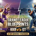 A high-energy, vertical featured image of a fantasy cricket battle between Kolkata Knight Riders and Gujarat Titans, split by a glowing vertical divider. The KKR side (left, purple) shows three fierce players (batting, bowling, celebrating) against a crowded Eden Gardens. The GT side (right, blue) shows three equally fierce players (batting, all-rounder, fast bowing) in front of the same stadium