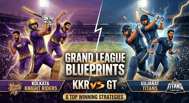 A high-energy, vertical featured image of a fantasy cricket battle between Kolkata Knight Riders and Gujarat Titans, split by a glowing vertical divider. The KKR side (left, purple) shows three fierce players (batting, bowling, celebrating) against a crowded Eden Gardens. The GT side (right, blue) shows three equally fierce players (batting, all-rounder, fast bowing) in front of the same stadium