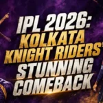 IPL 2026 featured image showing Kolkata Knight Riders players in a cinematic sports poster highlighting their stunning comeback in the IPL playoff race.