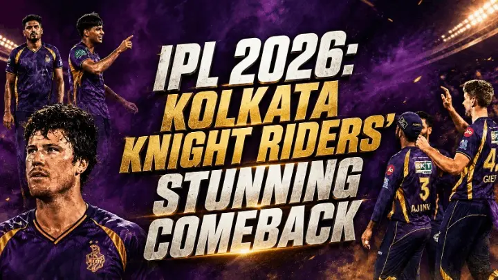 IPL 2026 featured image showing Kolkata Knight Riders players in a cinematic sports poster highlighting their stunning comeback in the IPL playoff race.
