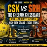 CSK vs SRH IPL 2026 Match 63 featured image showing Chennai Super Kings and Sunrisers Hyderabad clash at MA Chidambaram Stadium with fantasy cricket Grand League analysis.