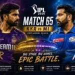 Cinematic IPL 2026 featured image showing Kolkata Knight Riders vs Mumbai Indians Match 65 at Eden Gardens with dramatic stadium lighting, player portraits, and fantasy cricket preview branding
