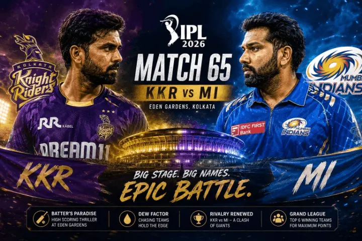 Cinematic IPL 2026 featured image showing Kolkata Knight Riders vs Mumbai Indians Match 65 at Eden Gardens with dramatic stadium lighting, player portraits, and fantasy cricket preview branding