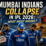 Dejected Mumbai Indians players after collapse in IPL 2026 with dramatic stadium background and bold headline