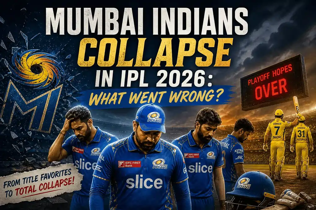 Dejected Mumbai Indians players after collapse in IPL 2026 with dramatic stadium background and bold headline
