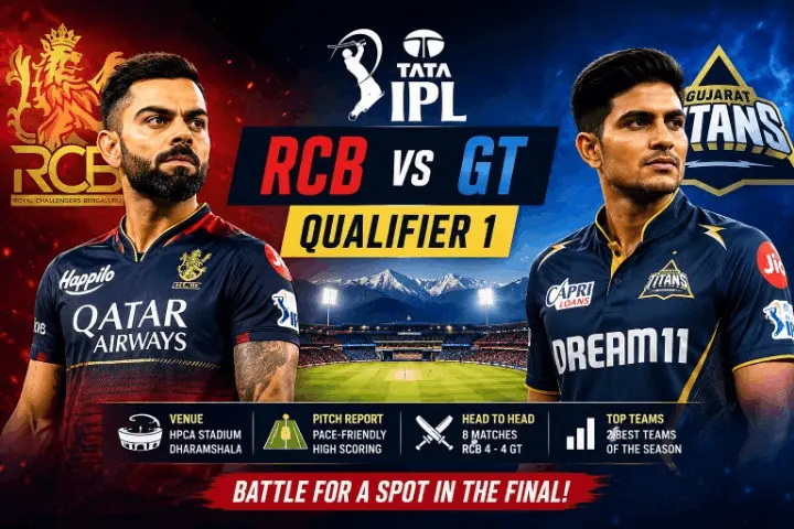 Royal Challengers Bengaluru vs Gujarat Titans Qualifier 1 IPL featured image showing Virat Kohli and Shubman Gill with Dharamshala stadium background for IPL playoff match preview.