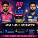 High-energy IPL 2026 match poster featuring Rajasthan Royals vs Lucknow Super Giants at Sawai Mansingh Stadium, Jaipur, with Riyan Parag and Rishabh Pant, match stats, pitch report, dew factor, head-to-head record, and playoff stakes.